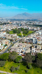 Residential landscape of La Molina captured from above on a sunny day, Lima.