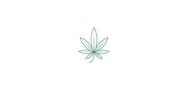 Minimalist green marijuana leaf illustration with clean lines on a white background for medical or legal cannabis health concepts.