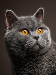 British Shorthair Cat Portrait with Striking Orange Eyes and Blue Grey Fur on Dark Background