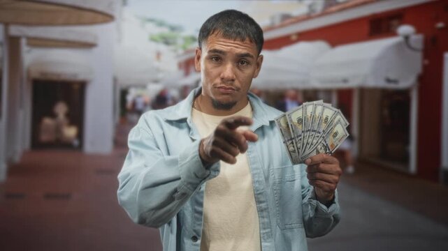 Man holding a fan of us dollars and pointing finger toward camera on crowded shopping street; confidence persuasion.