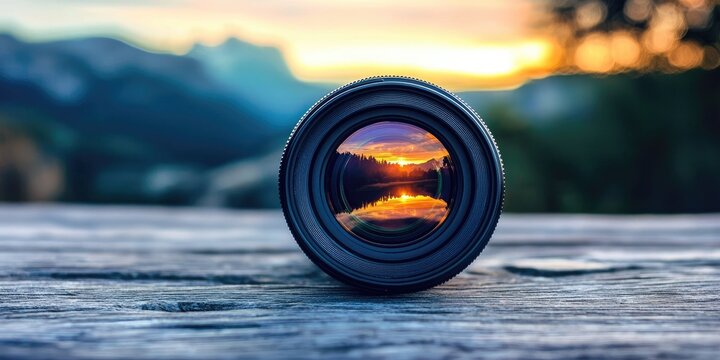 A camera lens with a sunset reflection, set against a blurred mountain landscape at sunset.