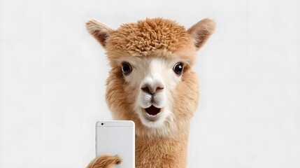 Obraz premium Close up studio portrait of an expressive alpaca with wide eyes and an open mouth holding a modern mobile phone as if surprised or engaged by its content against a clean isolated white backdrop