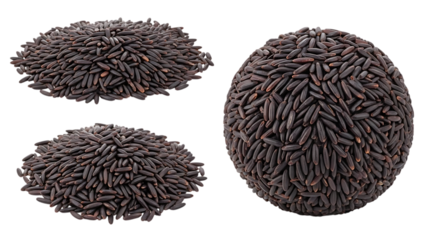 pile black rice grains isolated on transparent background