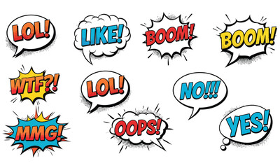 Pop Art Comic Speech Bubble and Sticker Set. Colorful Collection of Cartoon Slang and Sound Effects like LOL, Boom, Oops, and YES. Flat Vector Illustration on White. © Robail