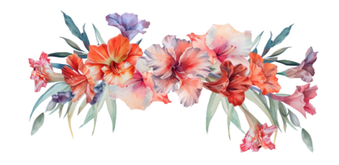 Vibrant floral arrangement with mixed blossoms in shades of red, orange, and purple on a transparent background for elegant decorations