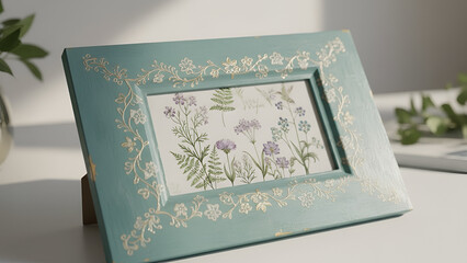 Fototapeta premium Soft Mint Green Floral Frame – Ornate Botanical Photo Display, Handmade Gift Idea