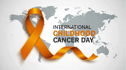 International Childhood Cancer Day awareness ribbon on world map, promoting childhood cancer awareness and support globally
