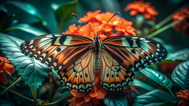 A beautiful butterfly perched on vibrant orange flowers in a lush garden
