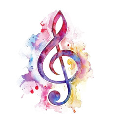 Colorful watercolor treble clef design with vibrant splashes on a transparent background