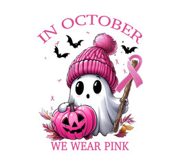 Cute ghost with a pumpkin and pink ribbon wearing a hat for October awareness month