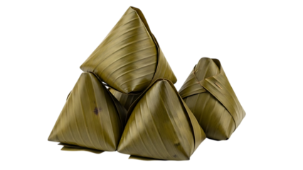 three golden pyramid shaped dumplings on transparent background