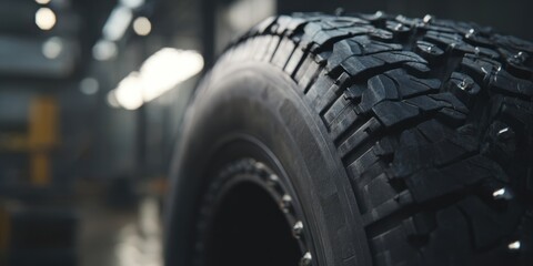 Fototapeta premium The tire close up showing rugged all terrain tread wet in garage