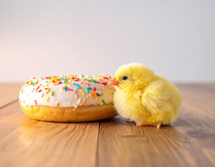 Cute chick resting beside sprinkled donut
ドーナツに寄り添うひよこ