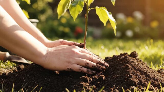 person&acirc;s hands planting a young tree. A calm gardening scene showing hands planting a small sapling into the earth.