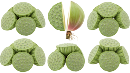 detailed lotus seedpod illustration with sections showcasing inner structure on transparent background