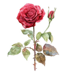 Beautiful red rose with green leaves and a budding flower in a delicate watercolor illustration