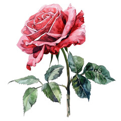 Beautiful red rose with delicate petals and green leaves on a transparent background