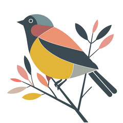 Colorful bird perched on a branch with leaves, showcasing vibrant geometric shapes and a modern design