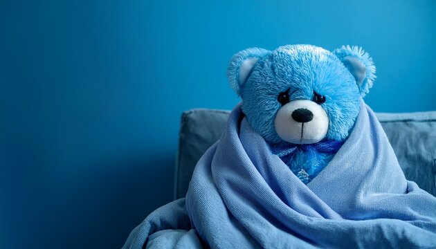 Close-up of sad blue teddy bear plushie wrapped in a blanket on a ble sofa on blue background with copy space