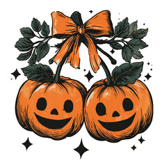 Two smiling pumpkins with a bow and leaves create a festive Halloween design for decorations and celebrations
