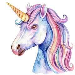 Colorful unicorn head with pastel mane and golden horn on transparent background