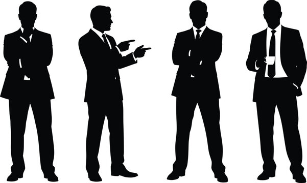 Black silhouette set of 4 businessmen in suits with varied poses including pointing, crossed arms, cup, and pockets