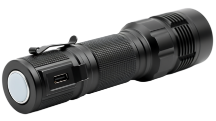 a sleek black flashlight isolated on transparent background