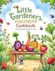 Colorful Illustration of Kids Cooking with Vegetables in a Whimsical Garden Setting