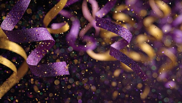 Glittering purple and gold streamers and confetti fall against a dark background