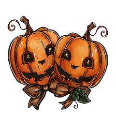 Cute Halloween pumpkins with smiling faces and bows on a transparent background ready for festive decor