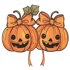 Happy smiling pumpkins with bows celebrating Halloween