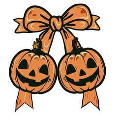 Two smiling jack-o'-lanterns tied together with a cheerful bow for Halloween decoration