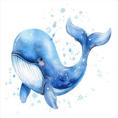 Whale swimming gracefully through splashes of blue water in a whimsical and vibrant style