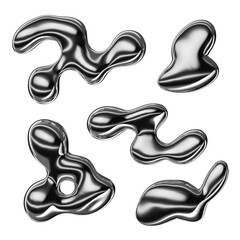 Y2K Melty chrome shape isolated. Spilled liquid metal drops 3D rendering. Futuristic metallic puddle