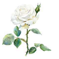 Beautiful white rose with delicate green leaves and budding flower on a transparent background captured in an elegant watercolor style