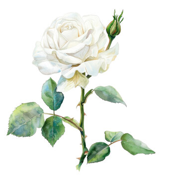 Beautiful white rose with delicate green leaves and budding flower on a transparent background captured in an elegant watercolor style