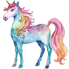 Whimsical unicorn standing gracefully with vibrant mane in soft pastel colors on a transparent background