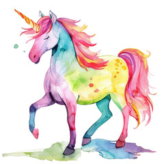 Colorful unicorn with flowing mane walking gracefully against transparent background