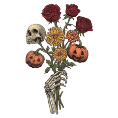 Halloween-themed bouquet featuring a skeleton hand, roses, and pumpkins