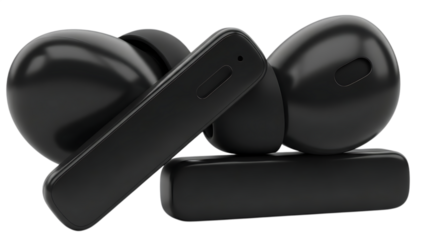 sleek black wireless earbuds and charging case on transparent background