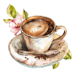 Warm cup of coffee with a beautiful flower and spoon on a delicate plate with a transparent background