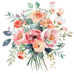 Beautiful floral arrangement of pink peonies and roses with greenery on a transparent background