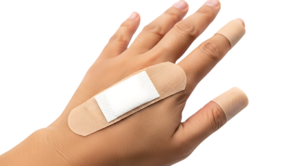 a hand with a bandage on a finger on transparent background