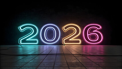 Neon lights displaying the year twenty twenty six on a dark background with a tiled floor