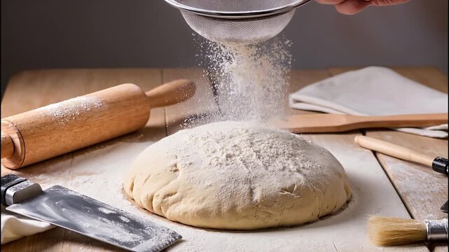 Hand sifting white flour over fresh yeast dough on rustic wooden table with baking tools