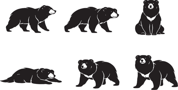 Sloth Bear Distinct Shoulder Mass Silhouette Set Black and White