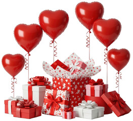 Red heart png Shiny balloon cutout Festive present png Wrapped gift cutout Romantic parcel png Lovely box cutout Elegant heart balloon png Decorated gift box isolated transparent background image