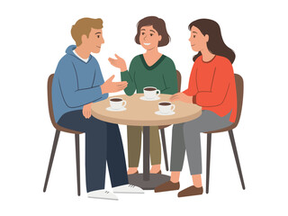 A group of friends, a man and two women, are talking at a table in a cafe. Flat vector illustration isolated on a white background