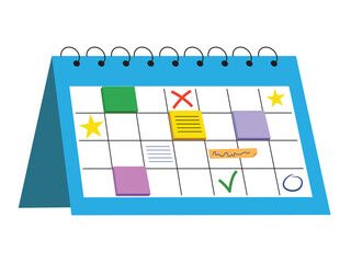 A classic paper calendar full of different marks, Concept of planning and time management. Flat vector illustration isolated on a white background