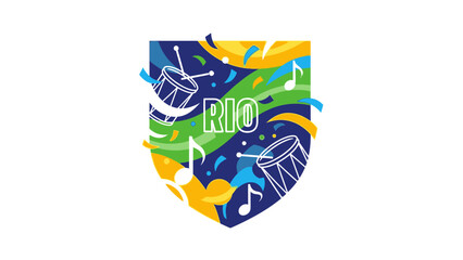 A colorful logo featuring musical instruments and the word RIO on a white background with a vibrant, abstract design.